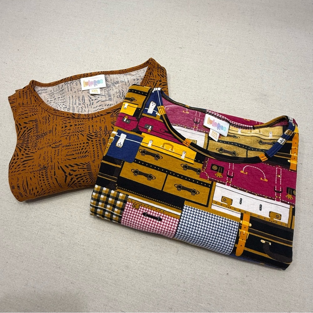 LuLaRoe Irma Set - NWT - Orange & Black Patterned & Vintage Suitcase - Size XXS